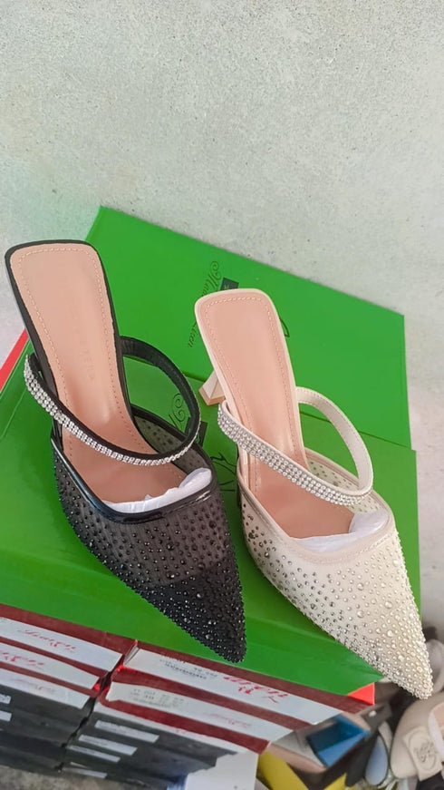 Pointed Toe Lace Mess Stone Embellished Heels